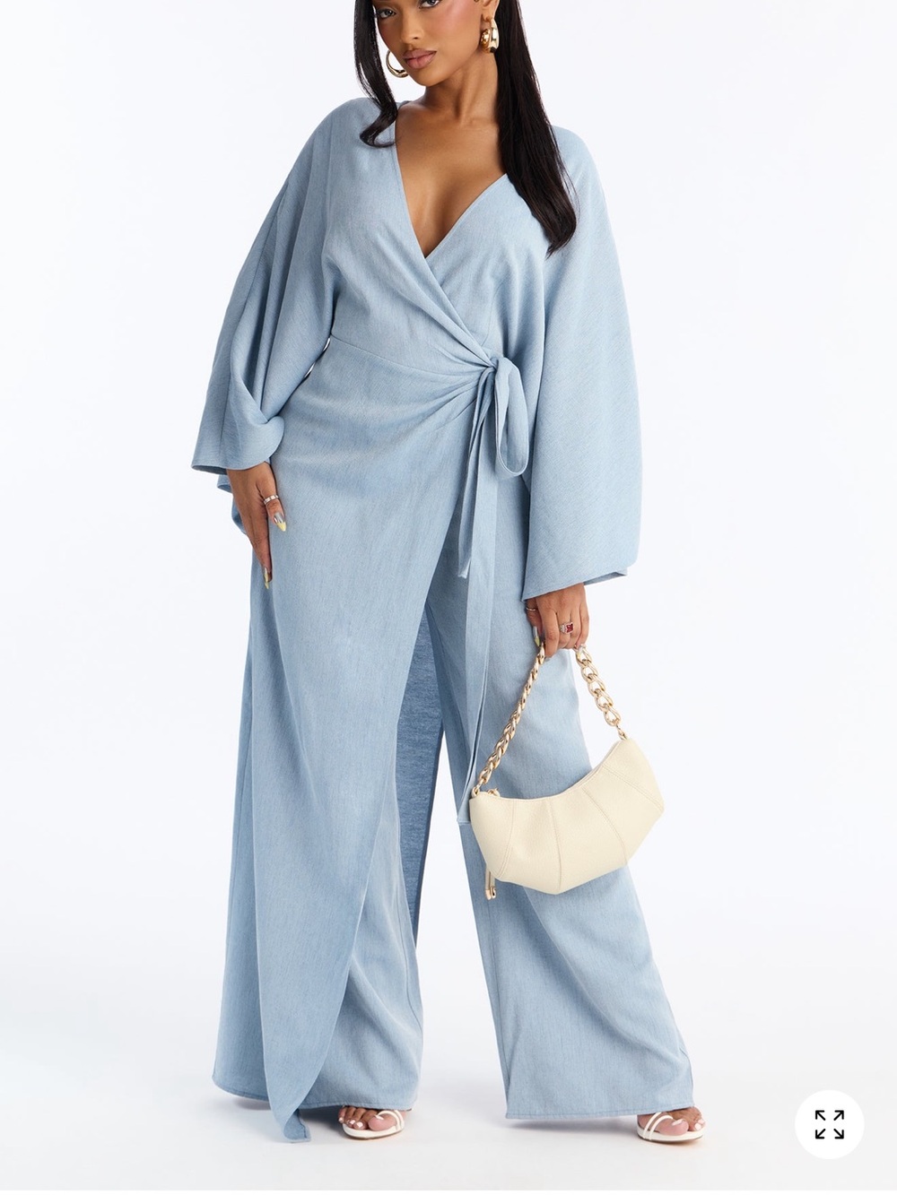 Fashion Nova Pale Blue Wrap-Front Wide-Leg Jumpsuit